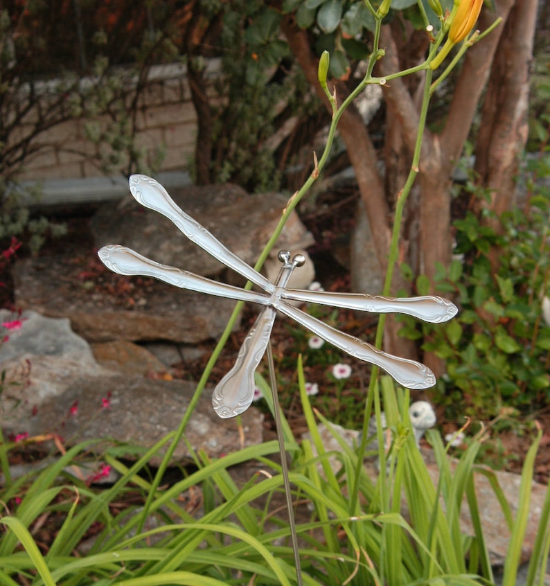 Dragonfly Stake Garden Decor Garden Art Silverware Art Etsy