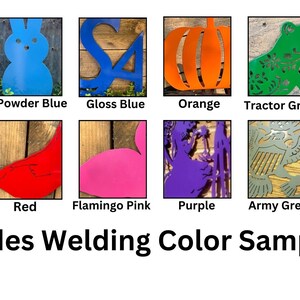 May include: Color samples for metal welding projects.  The samples show a variety of colors, including navy blue, powder blue, gloss blue, orange, tractor green, hunter green, yellow, red, flamingo pink, purple, army green, and rose gold.