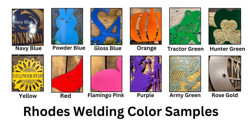 May include: Color samples for metal welding projects.  The samples show a variety of colors, including navy blue, powder blue, gloss blue, orange, tractor green, hunter green, yellow, red, flamingo pink, purple, army green, and rose gold.