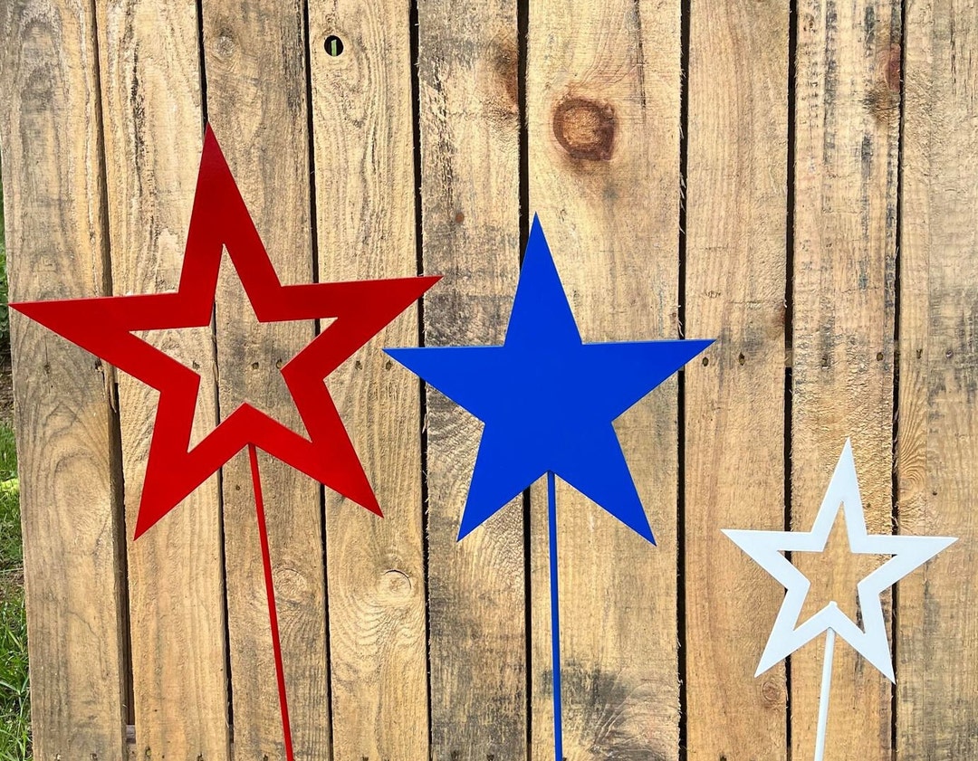Star Garden Stake Set of 3, Metal Decor, Red White and Blue, Etsy