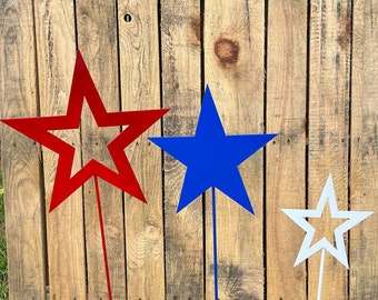 Star Garden Stake Set of 3, metal decor, red white and blue,