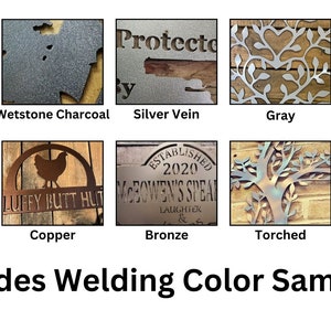 May include: Color samples for metal welding in various finishes, including black, wetstone charcoal, silver vein, gray, silver, copper vein, copper, bronze, torched, and gold.