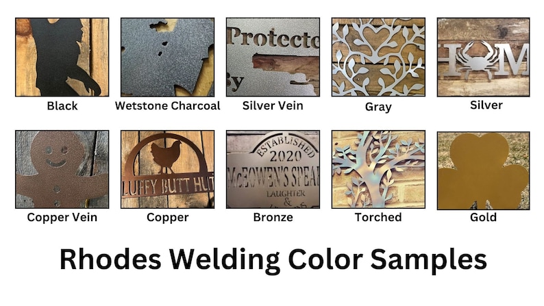 May include: Color samples for metal welding in various finishes, including black, wetstone charcoal, silver vein, gray, silver, copper vein, copper, bronze, torched, and gold.