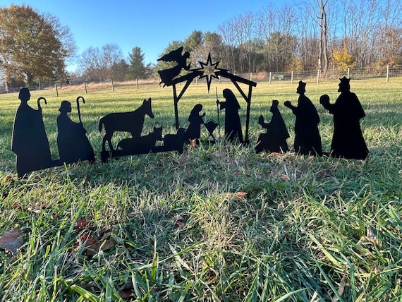 Nativity garden stake, Manger scene, Shepherds, Animals, Wisemen, metal work,