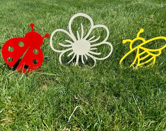 Enchanted garden set of 3, Summer, Spring, bee, ladybug, flower garden stakes