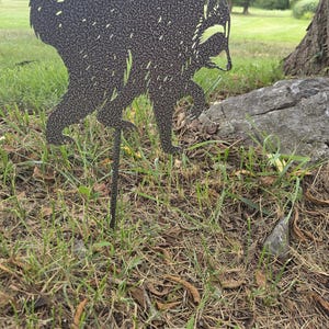 May include: A dark gray, textured metal garden stake shaped like a raccoon in a walking pose. The silhouette features cut-out details for the eyes, ears, and fur texture, mounted on a thin metal rod for insertion into the ground.