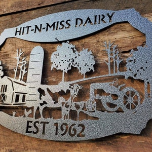 Customized Metal Farm Sign, Personalized Dairy Farm sign with tractor and barn