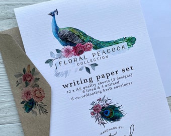 FLORAL PEACOCK Collection Writing Paper Set - peacock themed notepaper - penpal set - Scattered Seed Co