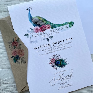 Conjunto de papel para escrita da coleção FLORAL PEACOCK - papel para cartas com tema pavão - conjunto de correspondência - Scattered Seed Co
