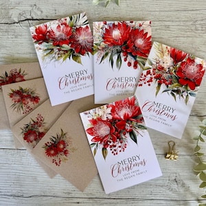 Tarjetas navideñas personalizadas Colección AUSTRALIAN RED FLORALS - 4 diseños variados - Juego de tarjetas navideñas con flores australianas
