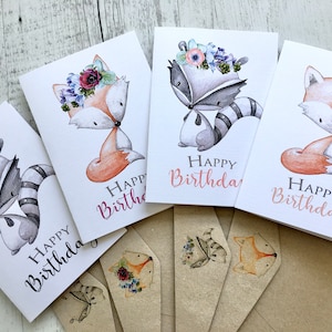 WOODLAND ANIMALS Birthday Cards set of 4 or buy individually - Regular size card set - fox - Racoon - boy - girl - Scattered Seed Co