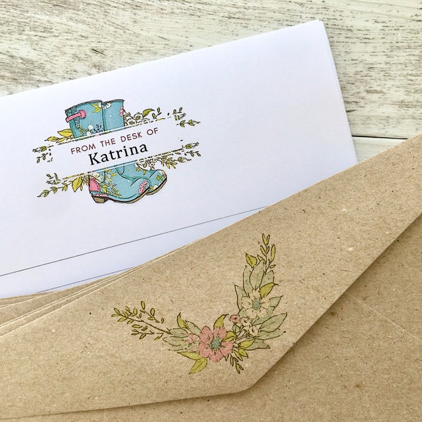 Personalised Writing Paper Set - SPRING FLORAL GUMBOOTS - Set Of 20 - Personalised Notepaper with coordinating kraft envelopes for gardeners