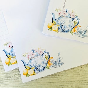 Tetera chinoiserie azul y blanca con limones - Papel de escritura personalizado A5 - Papelería bastante personalizada