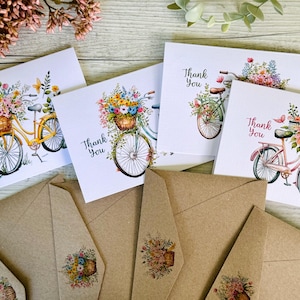 Lot de 4 cartes de remerciement VELOS À FLEURS - vélo avec paniers de fleurs lot de cartes de voeux recto-verso