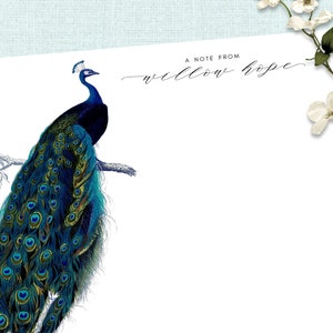 Personalised Writing Paper Set - PEACOCK - Set Of 20 - Personalised Notepaper with coordinating kraft envelopes - Feminine Stationery