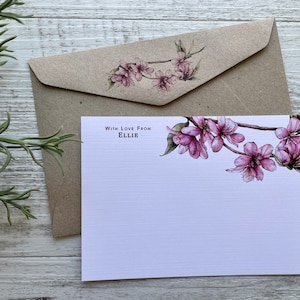 Flat CHERRY BLOSSOM Personalised Notecards Set Of 10 - Notecards with coordinating kraft envelopes - Scattered Seed Co.