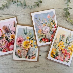 AUSTRALIAN FLORALS with borders Blank cards set of 4 - Australian flora greeting card set