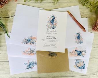 BEACH Collection Writing Paper Set - Marine themed notepaper - Shells Seahorse Starfish Stingray Sharks Octopus penpal set