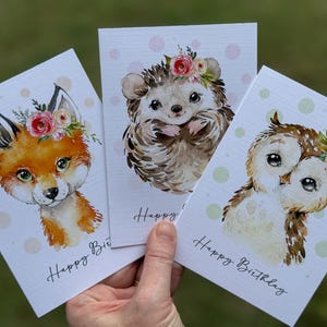 Cartes de voeux de joyeux anniversaire hibou renard hérisson carte AMIS DE LA FORÊT - cartes d'anniversaire animaux de la forêt - Scattered Seed Co