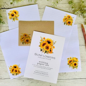 Juego de papel para escribir de la colección SUNFLOWERS - Papel para notas con temática de plantas en macetas - Juego de amigos por correspondencia de girasoles - Scattered Seed Co