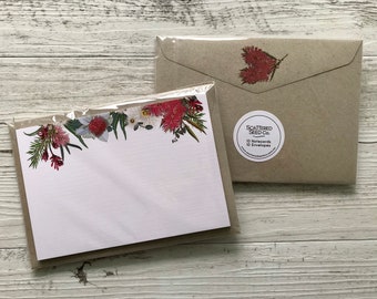Flat AUSTRALIAN NATIVE FLORA Notecards Set Of 10 - Blank or Personalised Notecards with coordinating kraft envelopes