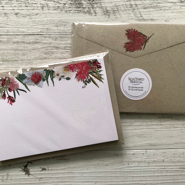 Flat AUSTRALIAN NATIVE FLORA Notecards Set Of 10 - Blank or Personalised Notecards with coordinating kraft envelopes