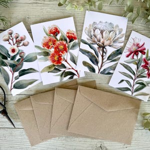 AUSTRALIAN FLORALS Single Stem Blank cards set of 4 - Set C - Australian flora greeting card set Wattle Callistemon Waratah Florist Cards