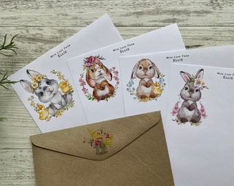Gepersonaliseerde schrijfpapierset - KONIJNTJES - Set van 20 - Penpal set - Gepersonaliseerd Kladpapier met Optionele Opbergportemonnee