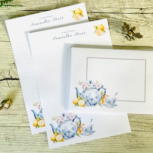 Tetera azul y blanca con limones - Papel de carta personalizado A5 Chinoiserie Pretty Custom Stationery