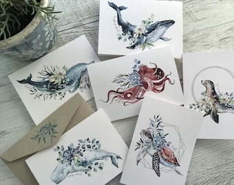 Ocean Floral Collection blank cards - Assorted designs - Ocean Animal cards - Regular size - Scattered Seed Co