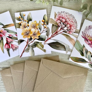 AUSTRALIAN FLORALS Single Stem Blank cards set of 4 - Set B - Australian flora greeting card set Wattle Callistemon Waratah Florist Cards