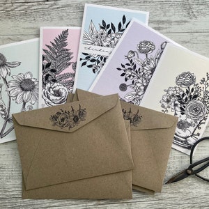 Juego de 5 tarjetas BOTANICALS tamaño mini o regular - juego de tarjetas de felicitación florales en blanco - 5 diseños - Scattered Seed Co