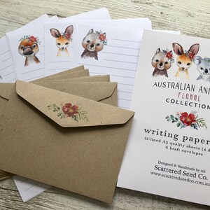Conjunto de papel de carta com estampa floral e folhas AUSTRALIAN ANIMALS - Papel de carta com tema de coala, canguru, vombate e ornitorrinco - Scattered Seed Co