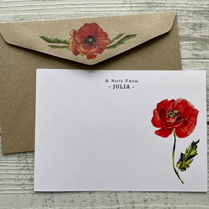 Conjunto de cartões de nota RED POPPY plano - Conjunto de 10 - Papelaria Poppies - Conjunto de cartão de nota Poppy personalizado ou em branco com envelopes kraft coordenados
