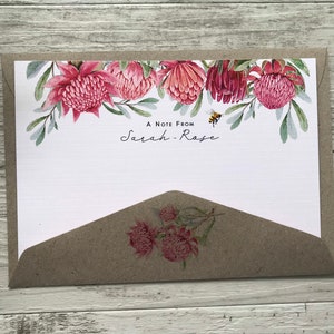 Flat AUSTRALIAN WARATAH Notecard Set - Set of 10 - Waratah stationery - Australian floral notecard set with coordinating kraft envelopes