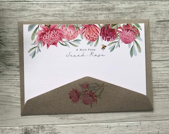 Flat AUSTRALIAN WARATAH Notecard Set - Set of 10 - Waratah stationery - Australian floral notecard set with coordinating kraft envelopes