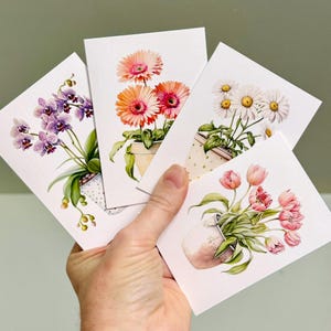 Mini cartões de felicitações - Vasos de flores em 4 designs (Conjunto B)