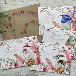 AUSTRALIAN BIRDS & FLORA-kerstkaarten - set van 4 geassorteerde Aussie-vogelontwerpen inbegrepen - Australische kerstkaartenset - verstrooid zaad
