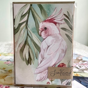 May include: A set of greeting cards featuring a watercolor illustration of a pink and white cockatoo with a red crest, set against a backdrop of green leaves. The cards are packaged in a clear plastic sleeve, with the text "Scattered Seedco" on a brown label.