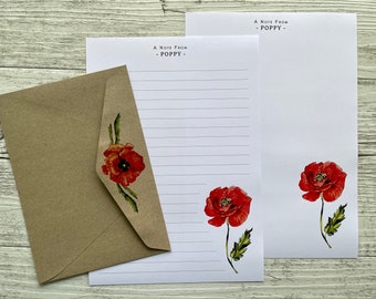 RED POPPY Personalised Writing Paper Set of 20 - Personalised Notepaper - Feminine Stationery