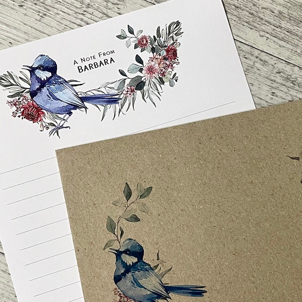 Personalised Writing Paper Set - AUSTRALIAN NATIVE WILDLIFE - Superb Fairy Wren - Set Of 20 - Penpal set - Personalised Notepaper