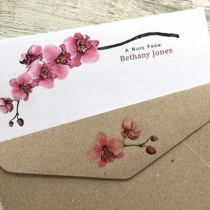 Conjunto de 20 papéis de escrita personalizados PINK ORCHID - Papel para cartas personalizado com carteira de armazenamento de presente opcional - Artigos de papelaria femininos