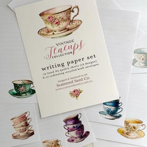 Conjunto de papel de carta VINTAGE TEACUPS COLLECTION - Papel de carta com tema de chá da tarde - conjunto de amigos por correspondência - Scattered Seed Co