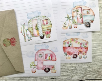 Personalised Writing Paper Set - VINTAGE CARAVANS - Set Of 20 - Penpal set - Personalised Notepaper with coordinating kraft envelopes