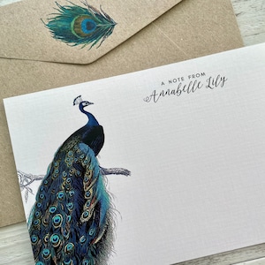 Flat PEACOCK Notecard Set - Set of 10 - peacock stationery - Peacock notecard set with coordinating kraft envelopes