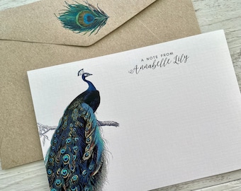 Flat PEACOCK Notecard Set - Set of 10 - peacock stationery - Peacock notecard set with coordinating kraft envelopes