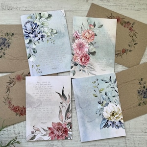 Watercolour FLORA SCRIPTURE cards set of 4 - Christian Card set - Psalm 23, Psalm 91, Proverbs 3, Romans 15, Bible Cards Scattered Seed Co