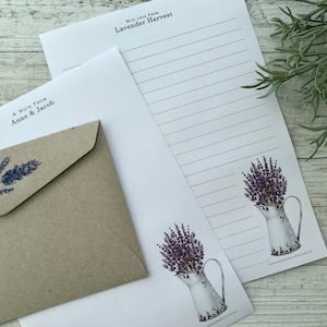 Gepersonaliseerde schrijfpapierset - LAVENDER HARVEST - Set van 20 - Gepersonaliseerd notitiepapier met optionele opbergportemonnee
