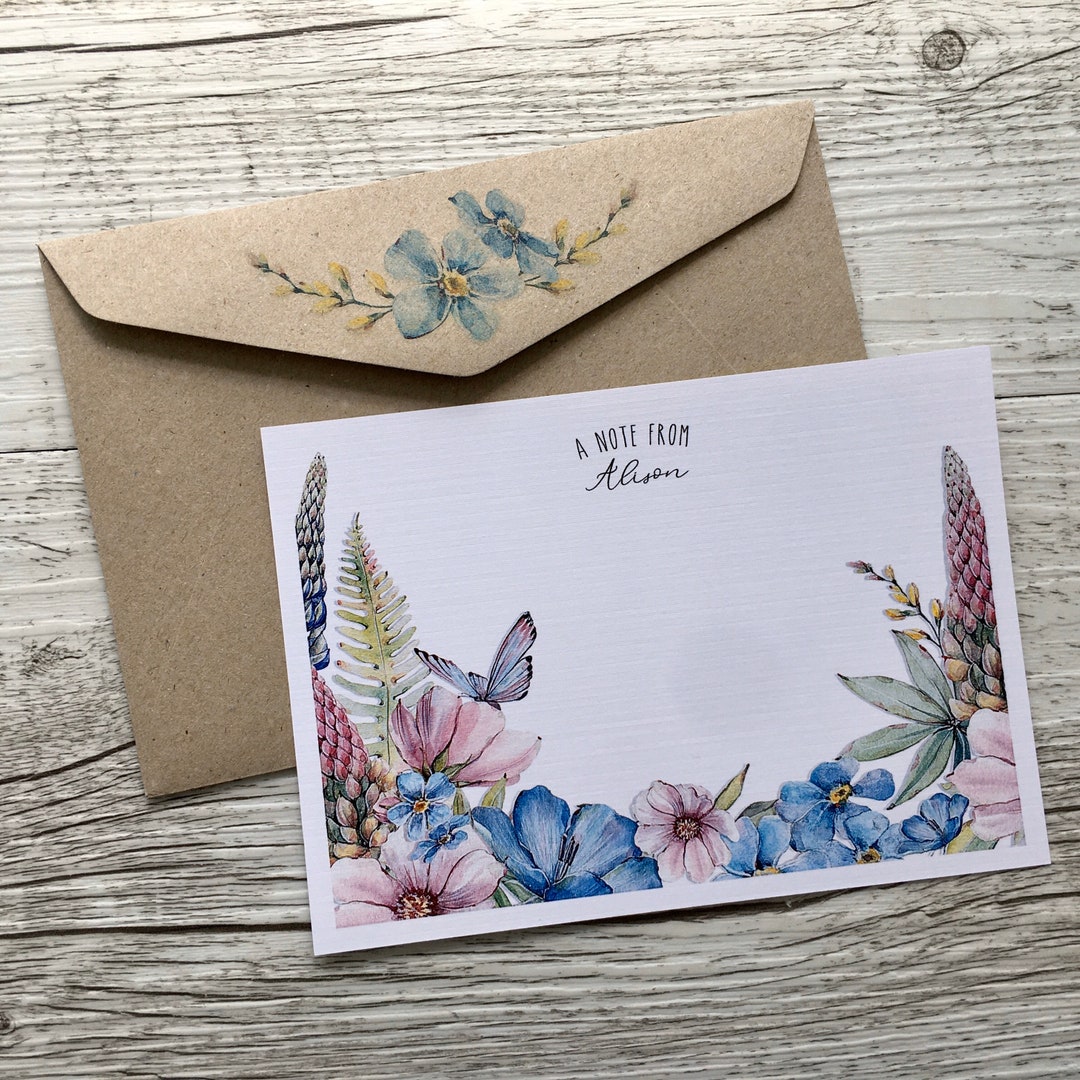 Flat SPRING GARDEN Personalised or Blank Notecards Set of 10 - Floral ...