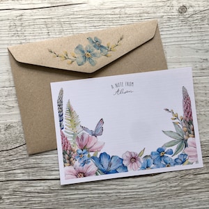 Flat SPRING GARDEN Personalised or Blank Notecards Set Of 10 - Floral Notecards with coordinating kraft envelopes - Scattered Seed Co.